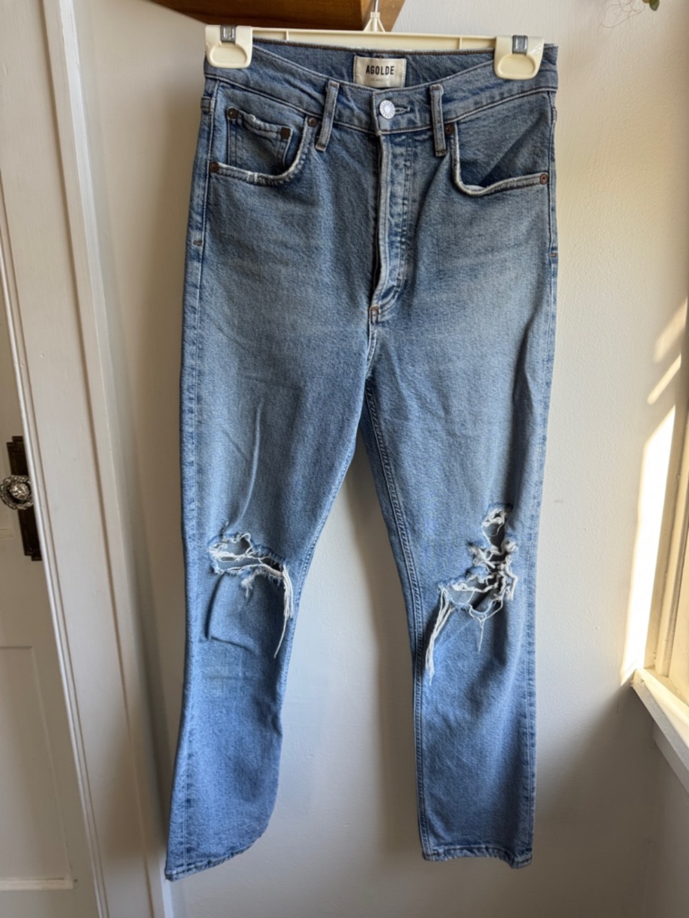 Agolde Riley Distressed Light Wash Ripped Jeans